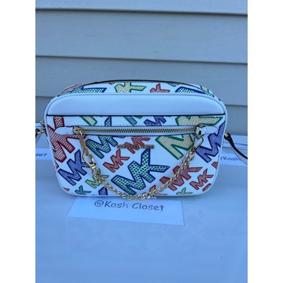 Michael Kors MK Jet Set Large Chain Logo Crossbody - Bright White - Picture 2 of 11